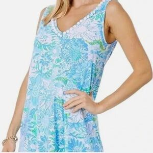 Lilly Pulitzer SZ M Camilla Swing Dress Pom Pom V Neck Frenchie Blue Suns Out